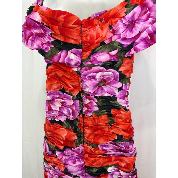 VICTOR COSTA Vintage Size 12 Floral Off Shoulder Dress Ruched Flower Multicolor - Picture 6 of 13